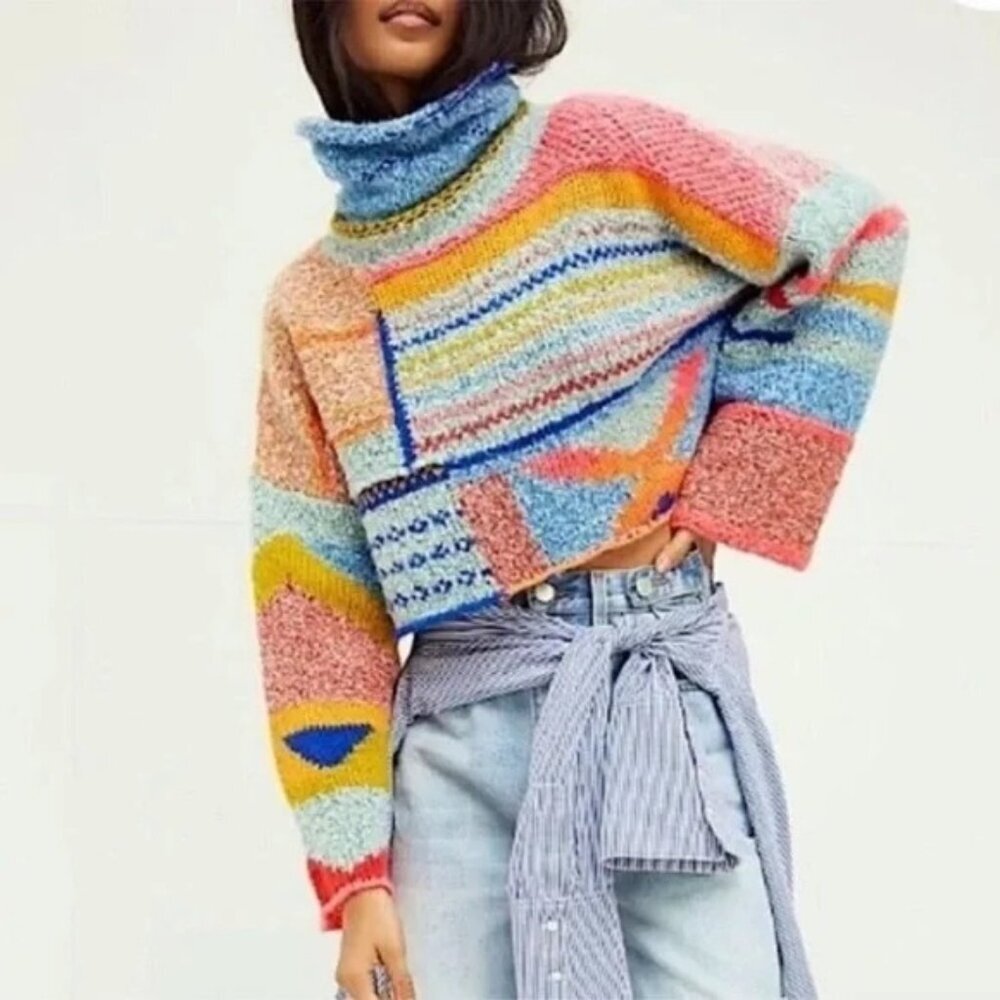 NWT Sincerely Jules Multicolor Patchwork Knit Cropped Sweater XS Cottagecore